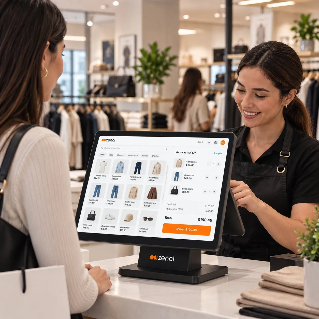 Una cajera cobra a una clienta en una boutique usando Zenci en una terminal táctil
